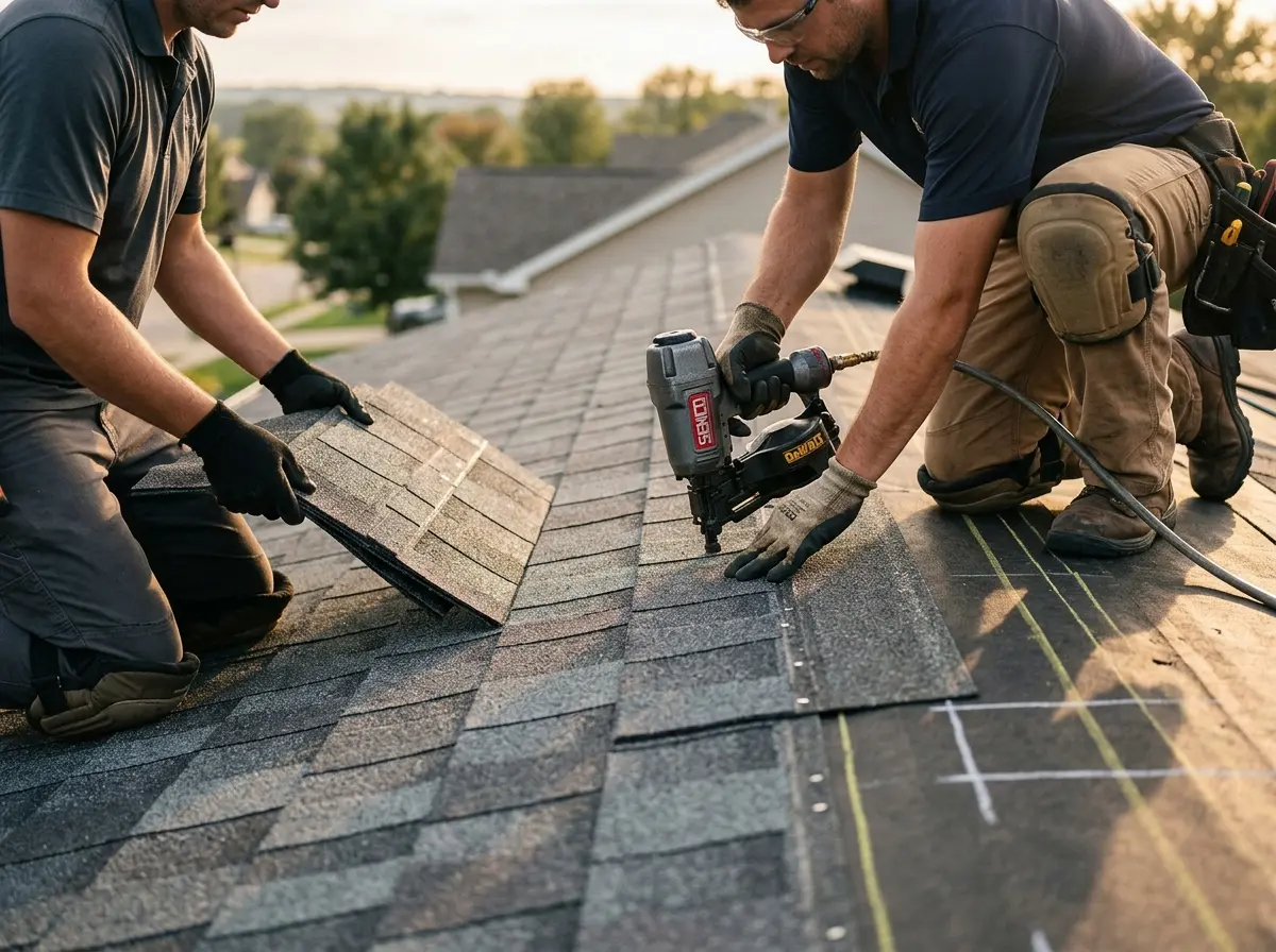 Professional roofer working on a residential roof in Eagan